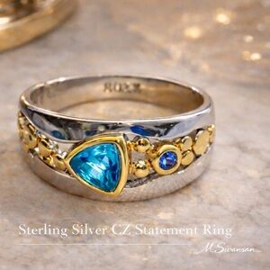 Sterling Silver CZ Statement Ring | Blue Cubic Zirconia Gold Accents Size 7 NWT